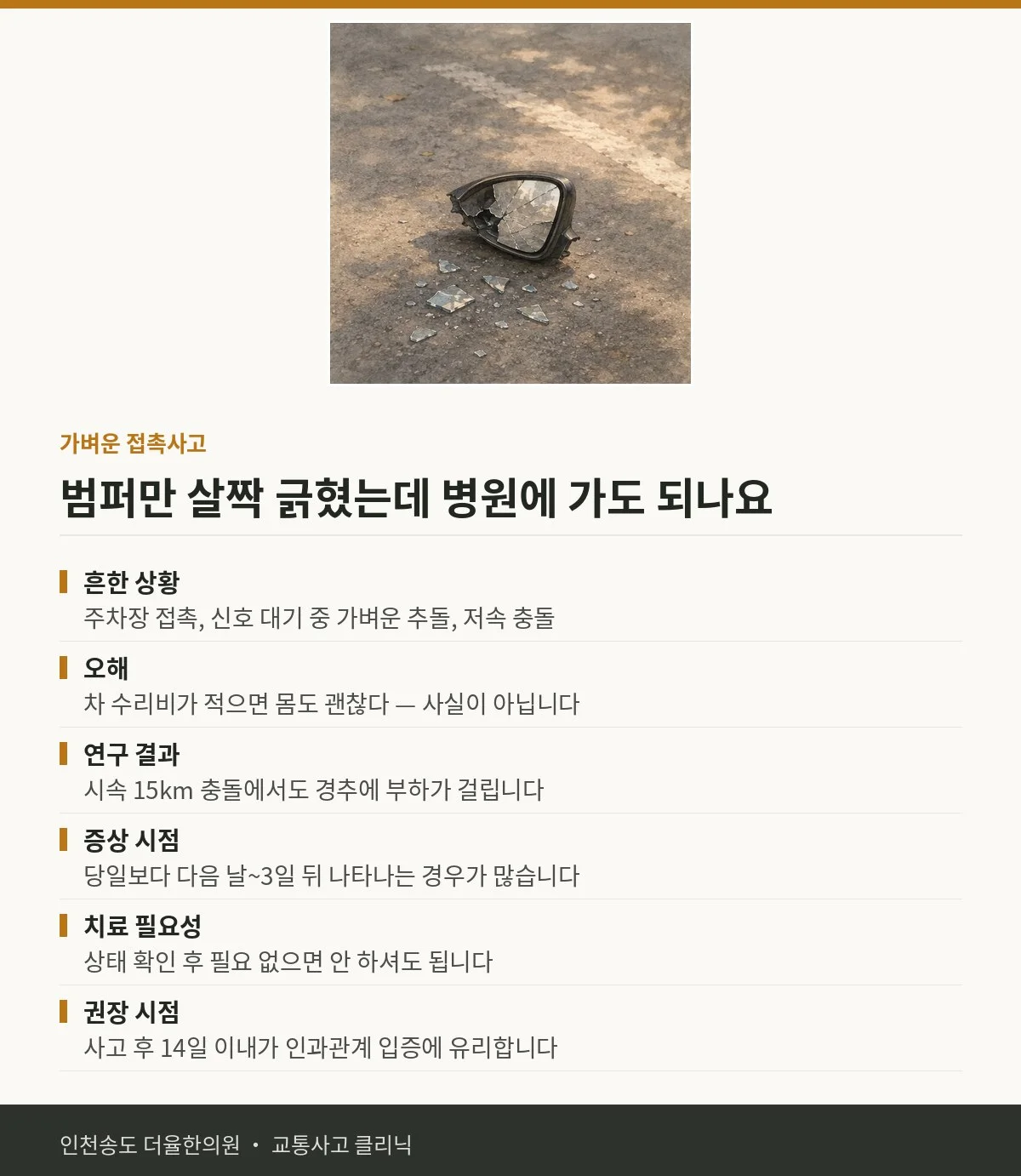 가벼운 접촉사고 | 교통사고 후 범퍼만 살짝 긁혔는데 병원 가도 되나요 — 송도 더율한의원 핵심 정리