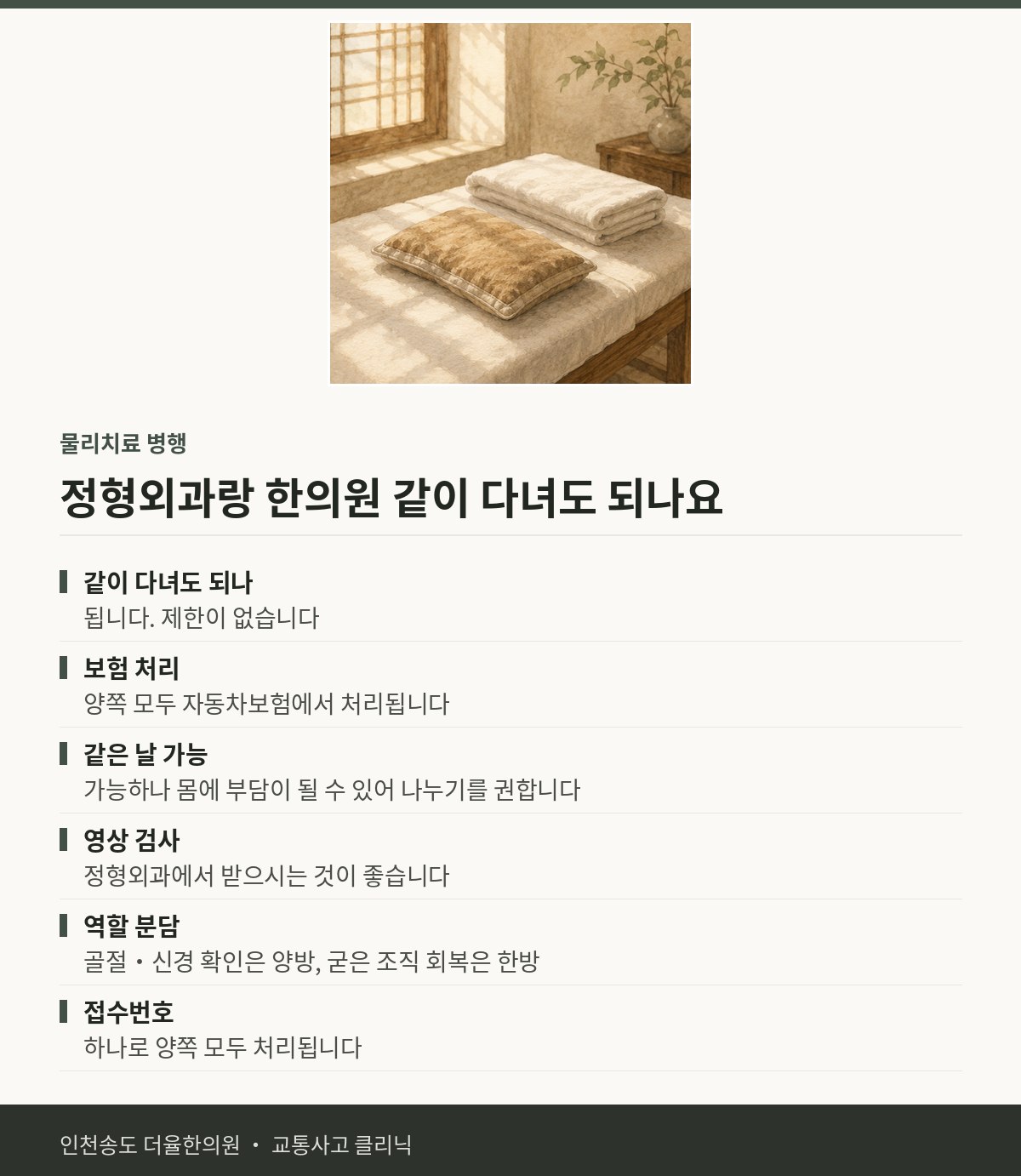 정형외과와 병행 | 교통사고 후 양쪽 다 다녀도 되나요 — 송도 더율한의원 핵심 정리