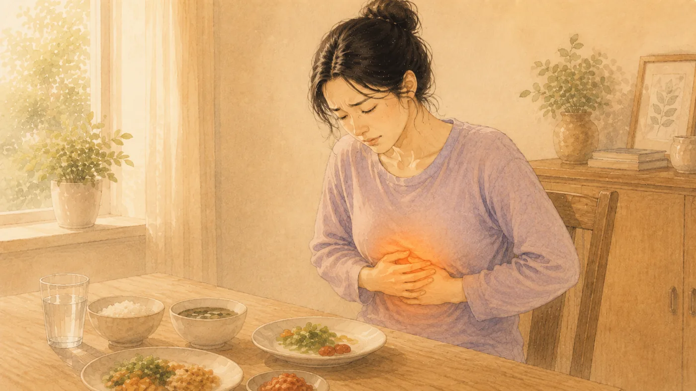 인천 송도 더율한의원 복통·명치통증 한방 치료 — 명치를 움켜쥐는 여성 일러스트