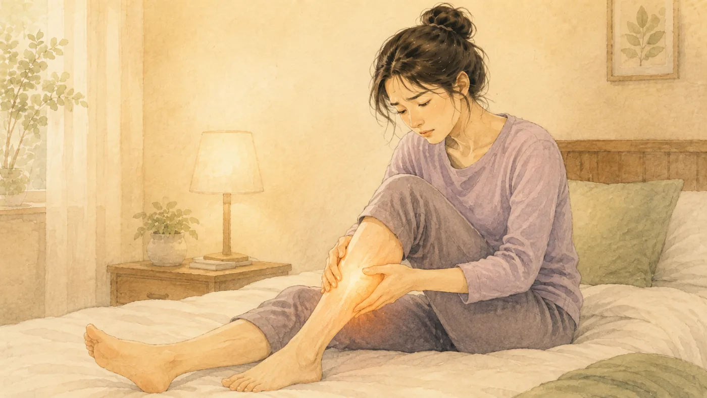 인천 송도 더율한의원 종아리 통증 한방 치료 — 침실에서 종아리를 감싸는 일러스트