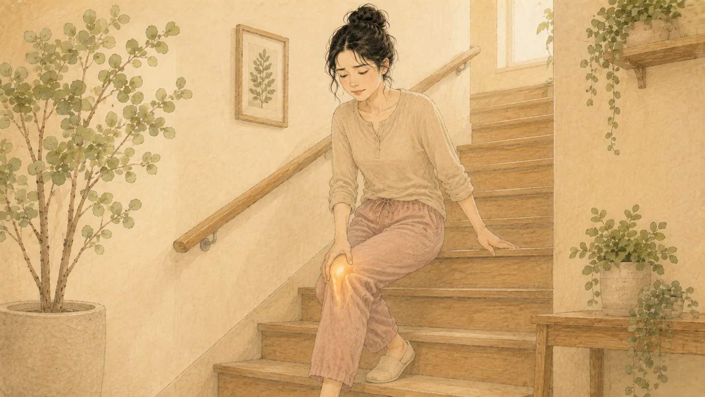 인천 송도 더율한의원 연골연화증 한방 치료 — 계단에서 무릎을 짚는 일러스트
