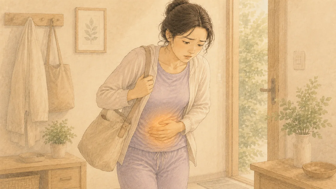 인천 송도 더율한의원 만성 설사 한방 치료 — 외출 중 배를 움켜쥐는 일러스트