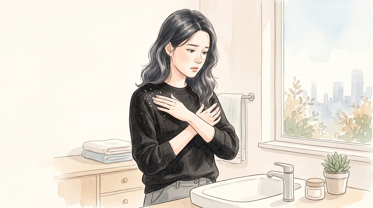 어깨에 떨어진 각질을 터는 비듬 — 인천 송도 더율한의원
