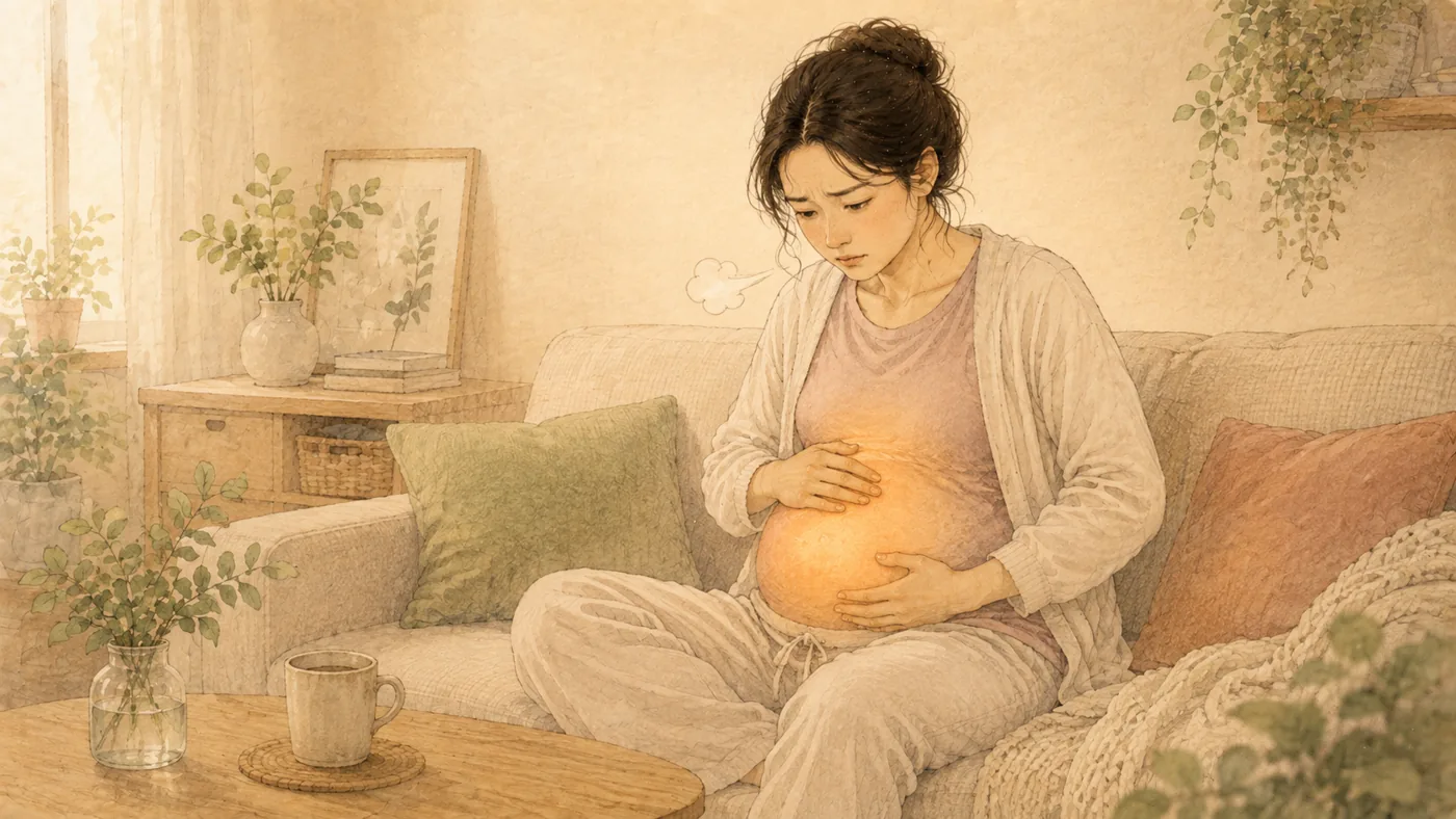 인천 송도 더율한의원 복부 가스 한방 치료 — 부풀어오른 배를 짚는 일러스트