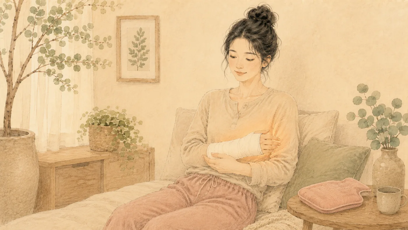 인천 송도 더율한의원 골절 회복 한방 치료 — 팔 붕대를 감싸는 편안한 회복 일러스트