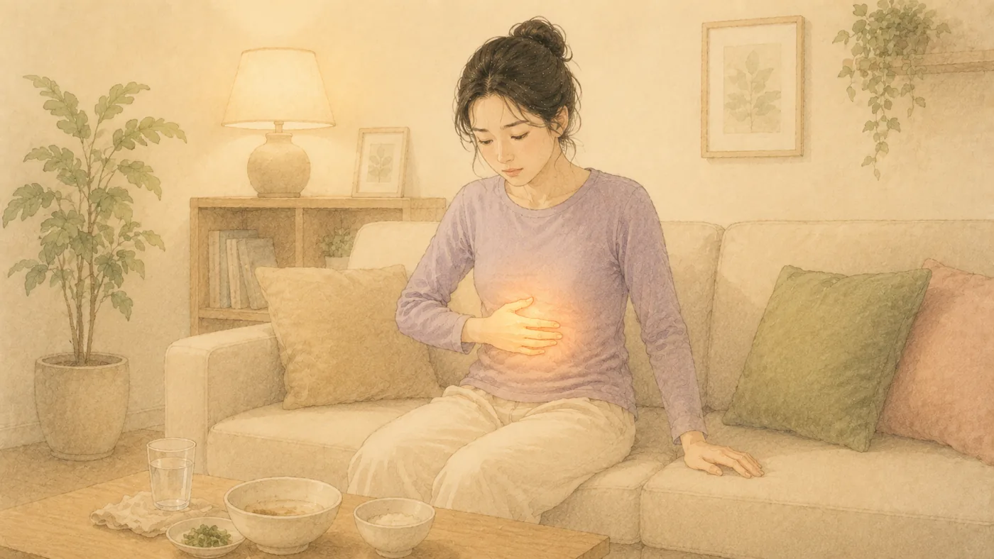 인천 송도 더율한의원 기능성 소화불량 한방 치료 — 명치를 짚는 일러스트