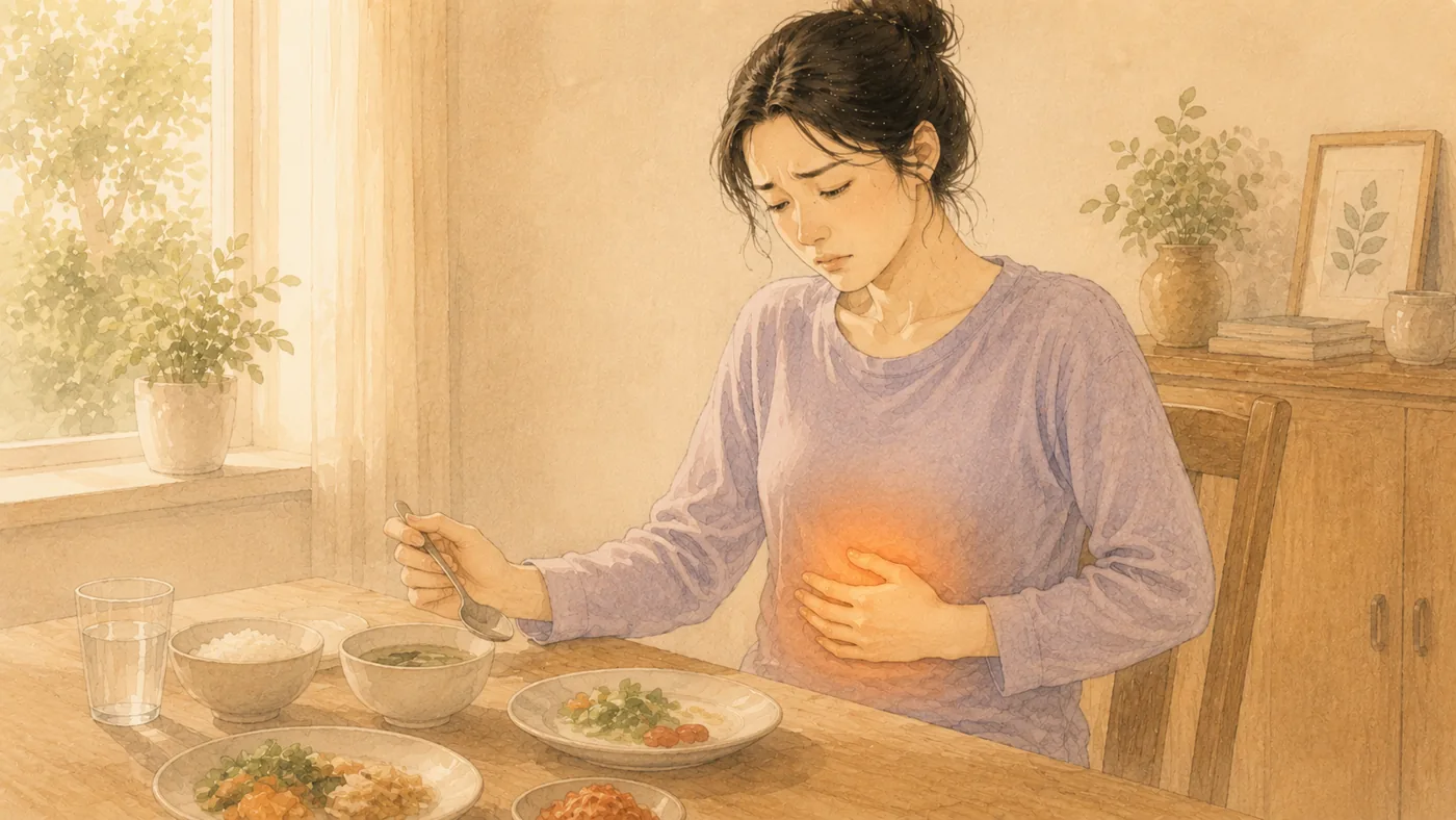인천 송도 더율한의원 위무력증 한방 치료 — 명치를 짚는 일러스트
