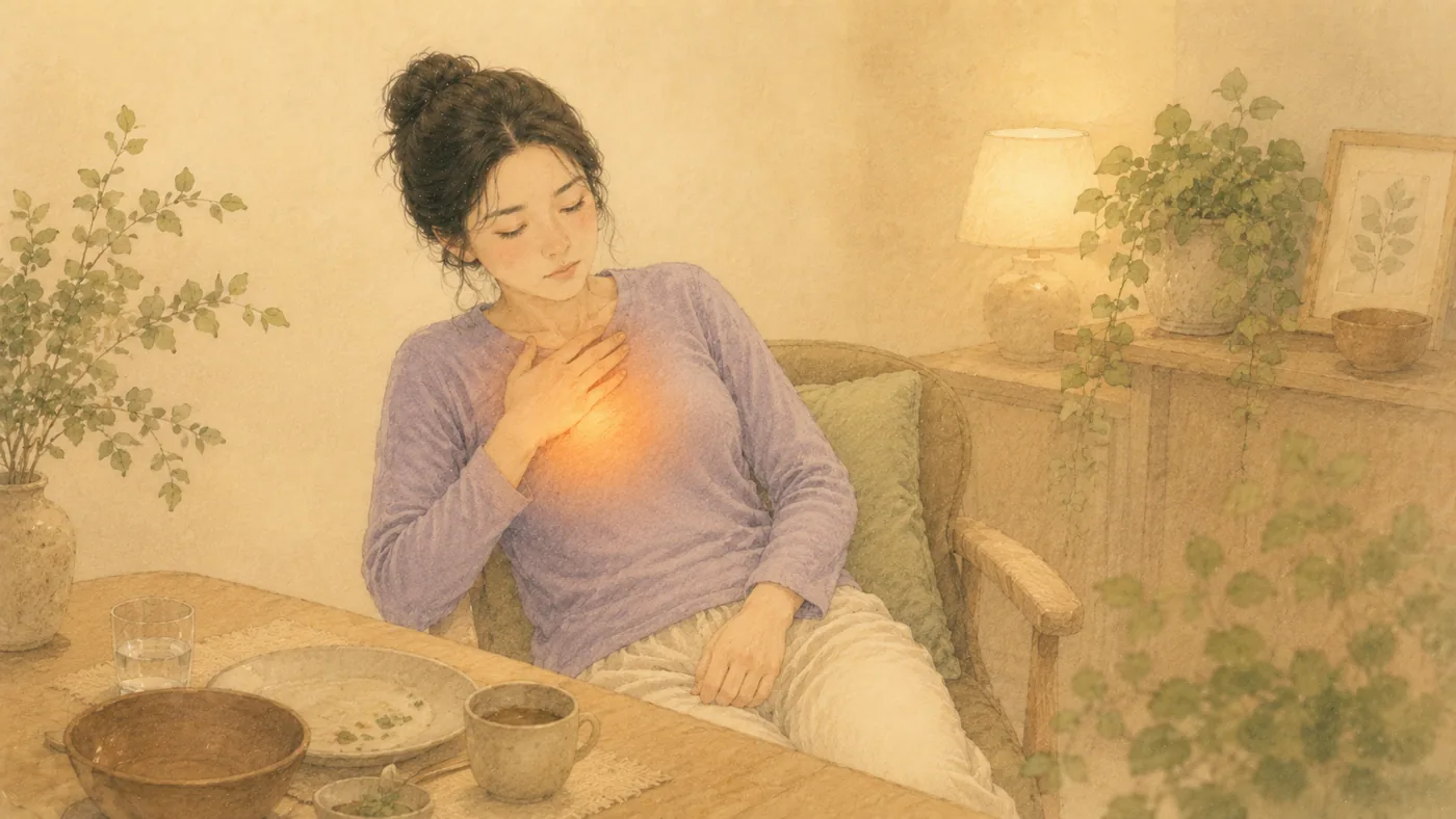 인천 송도 더율한의원 역류성 식도염 한방 치료 — 가슴을 짚는 일러스트