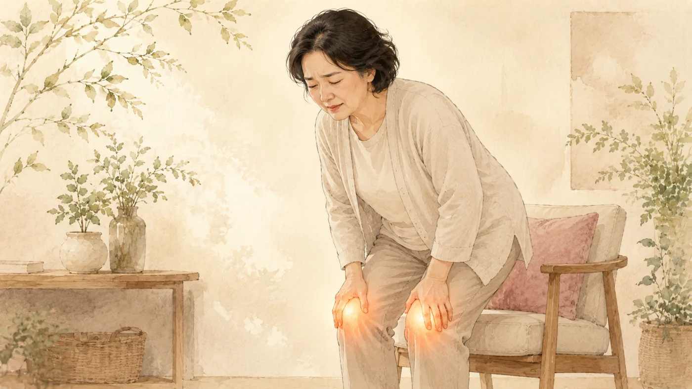 인천 송도 더율한의원 무릎관절염 한방 치료 — 계단·기립 시 시큰한 무릎을 다루는 일러스트