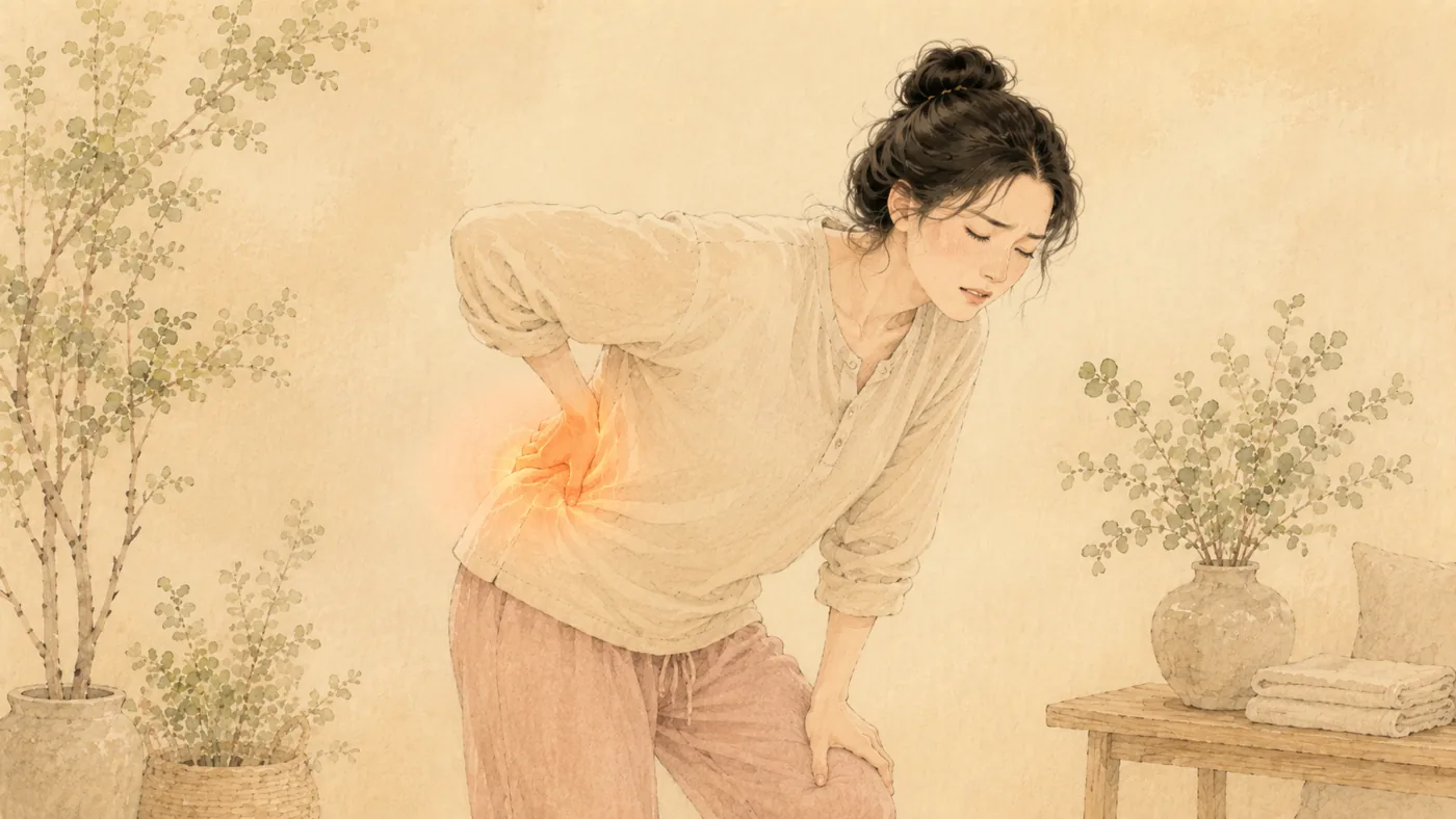 인천 송도 더율한의원 허리디스크 요통 한방 치료 — 굽힐 때 뻐근한 허리를 다루는 일러스트