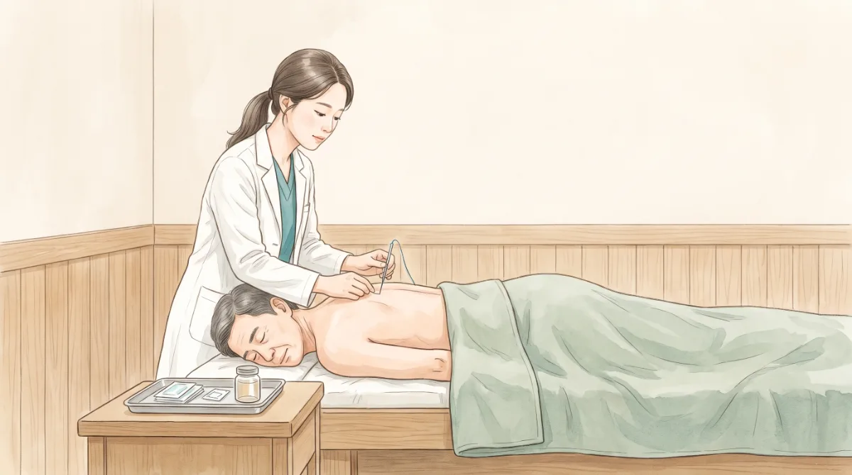 인천송도 더율한의원 매선 - 진료실에서 어깨 부위에 매선 시술을 진행하는 모습