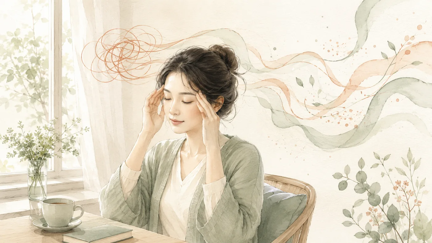 인천 송도 더율한의원 월경성 두통 한방 관리 — 주기와 함께 오는 두통을 다루는 일러스트