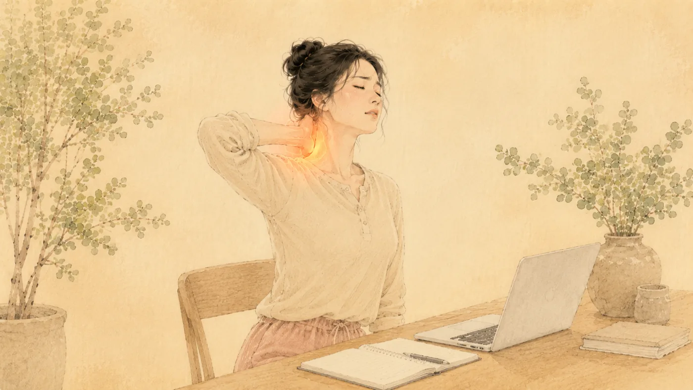인천 송도 더율한의원 목 통증 거북목 한방 치료 — 뻣뻣한 목을 풀어주는 일러스트