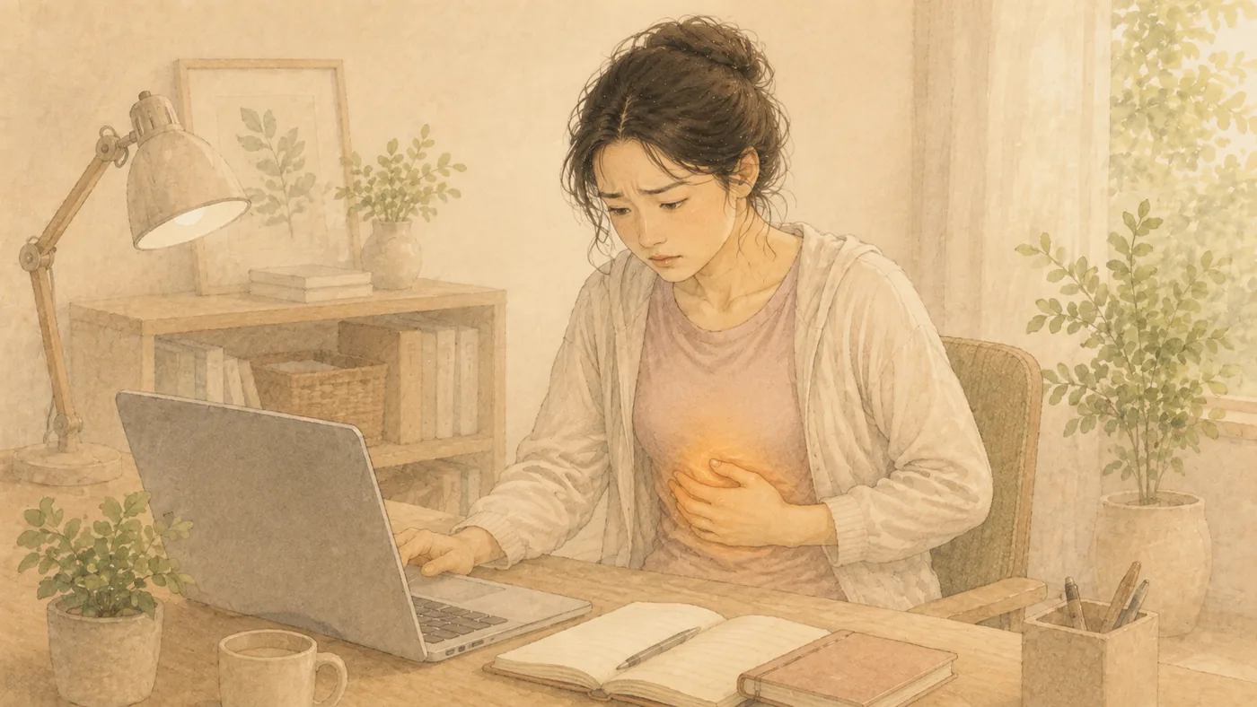 인천 송도 더율한의원 신경성 위염 한방 치료 — 명치를 짚는 일러스트