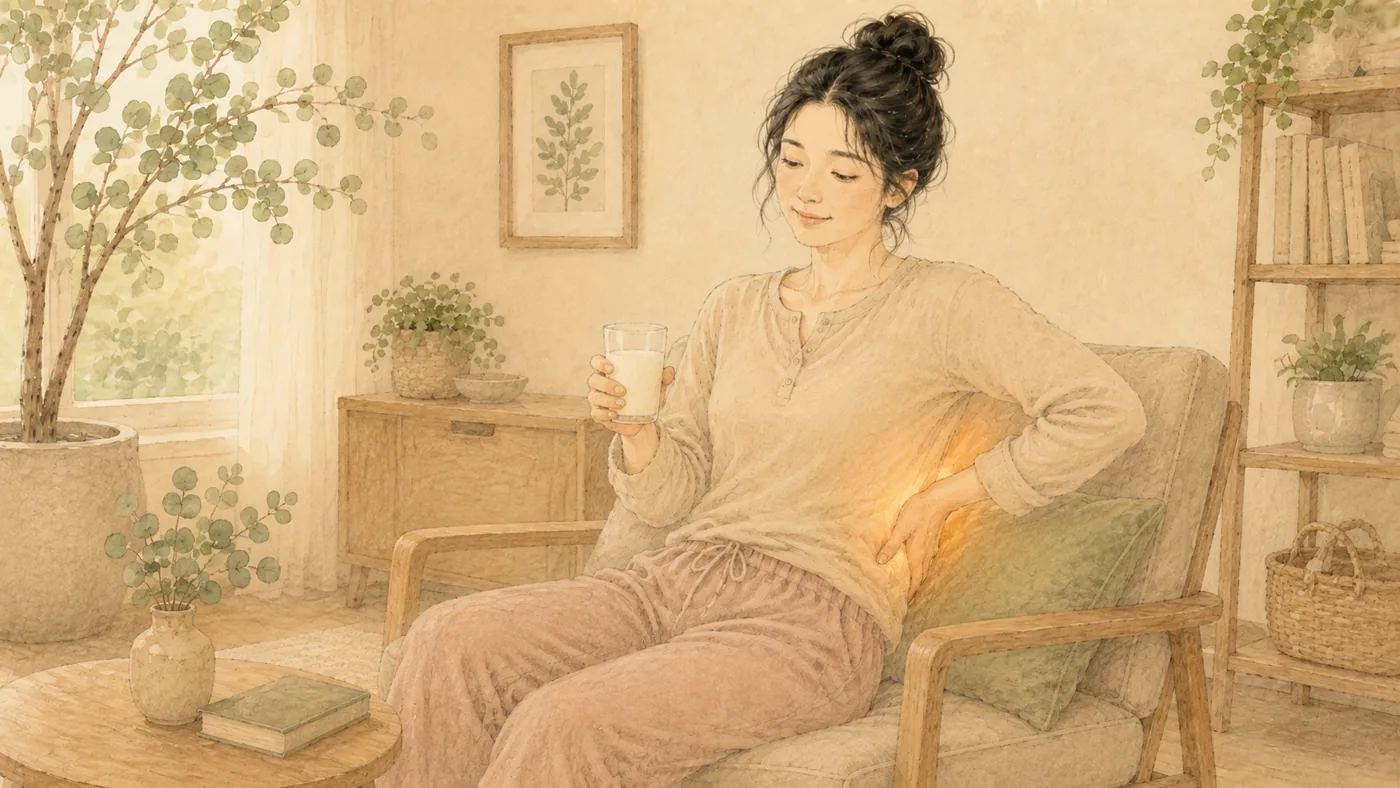 인천 송도 더율한의원 골다공증 한방 관리 — 거실에서 허리를 쉬는 일러스트