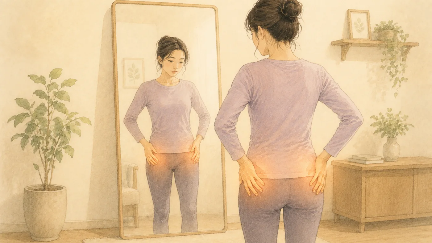 인천 송도 더율한의원 골반 교정 한방 치료 — 거울 앞에서 골반 균형을 살피는 일러스트