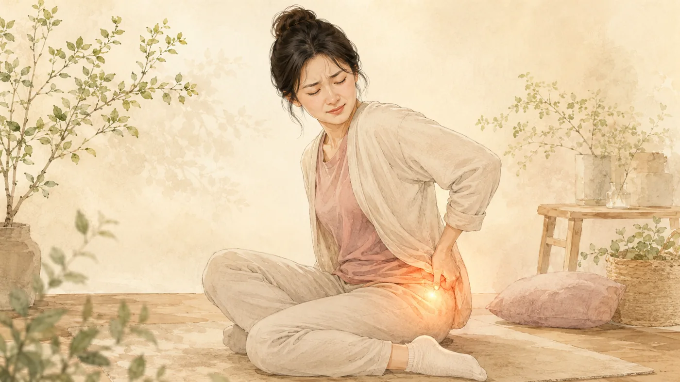 인천 송도 더율한의원 이상근증후군 엉덩이 통증 한방 치료 — 깊은 엉덩이 통증을 다루는 일러스트