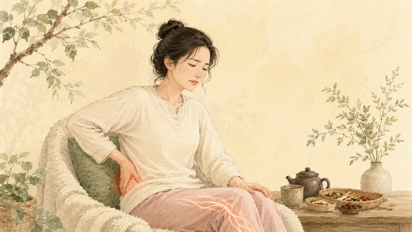 인천 송도 더율한의원 좌골신경통 한방 치료 — 다리로 뻗는 저림을 가라앉히는 일러스트