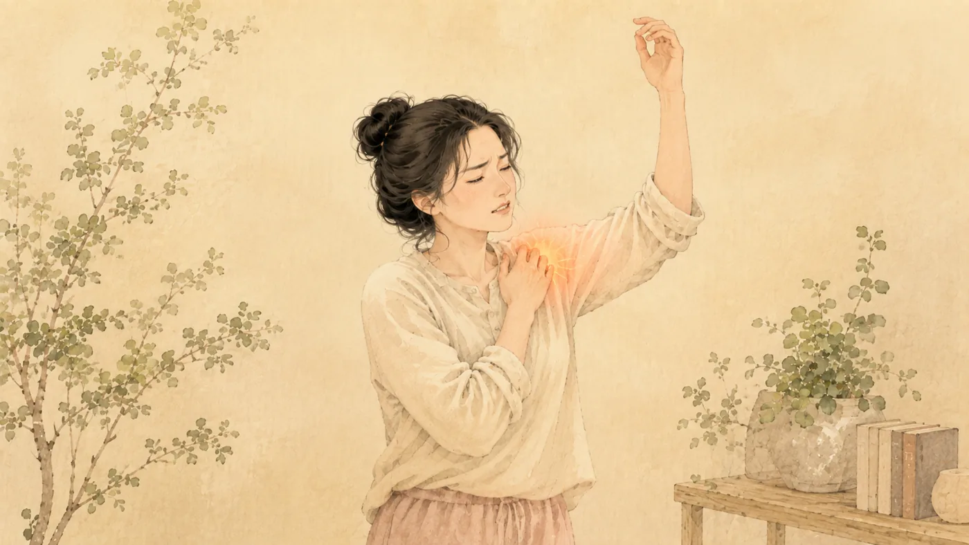 인천 송도 더율한의원 어깨충돌증후군 한방 치료 — 팔을 들 때 걸리는 통증을 다루는 일러스트