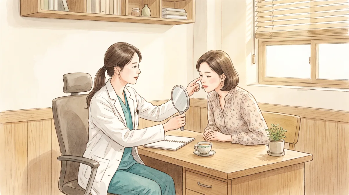 인천송도 더율한의원 실리프팅 - 거울을 보며 환자에게 얼굴 부위를 설명하는 상담 장면