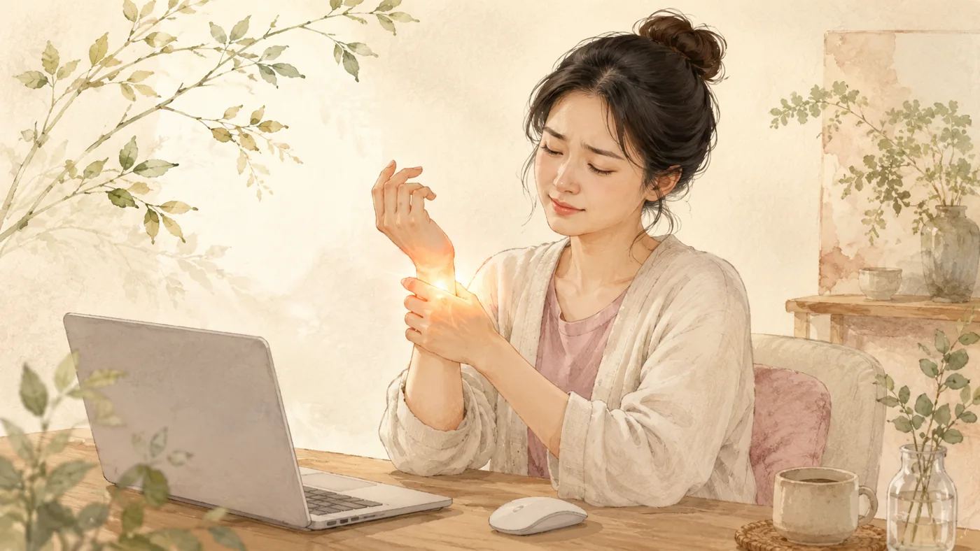 인천 송도 더율한의원 손목 통증 한방 치료 — 반복 사용으로 지친 손목을 다루는 일러스트