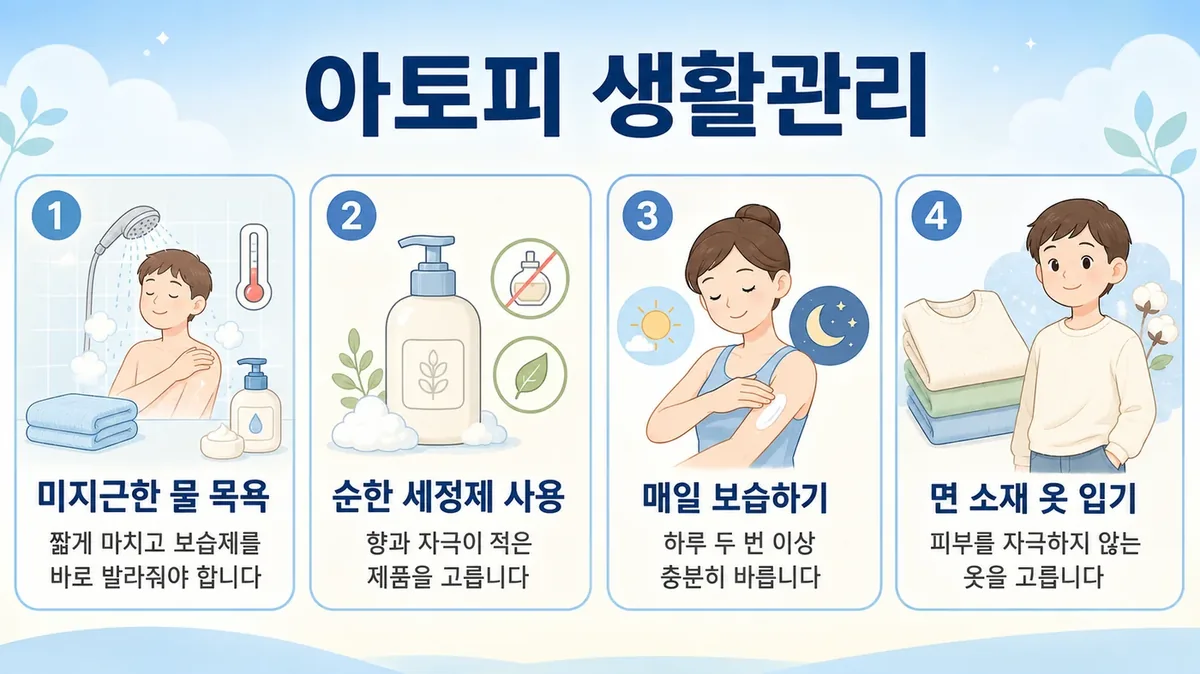 아토피 생활관리 6가지 — 보습·물 온도·습도·의류·수면·손톱
