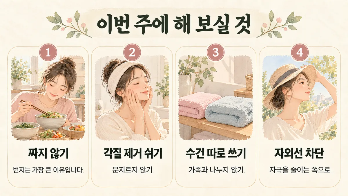 배곧한의원 편평사마귀 생활관리 - 짜지 않기·각질 제거 쉬기·수건 따로 쓰기·자외선 차단