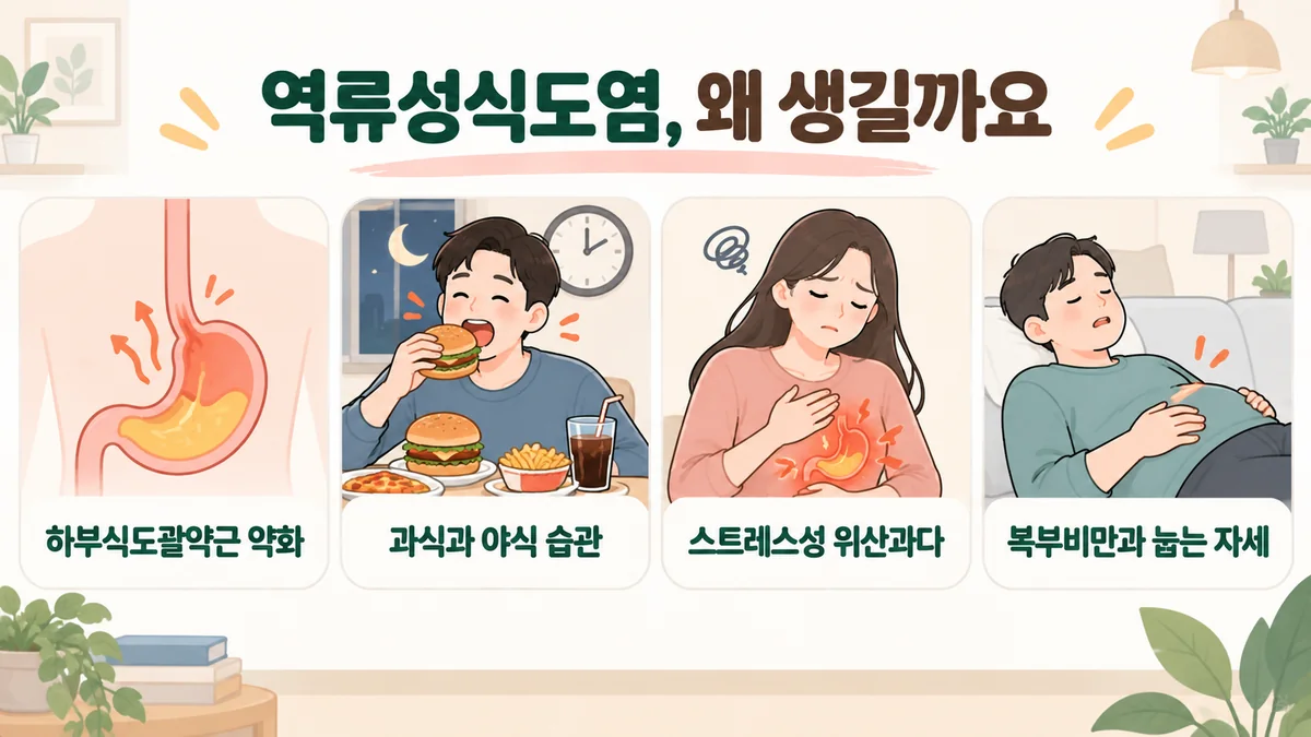 배곧한의원 역류성 식도염 원인 - 늦게 먹고 눕습니다·배에 힘이 실립니다·자극이 쌓입니다