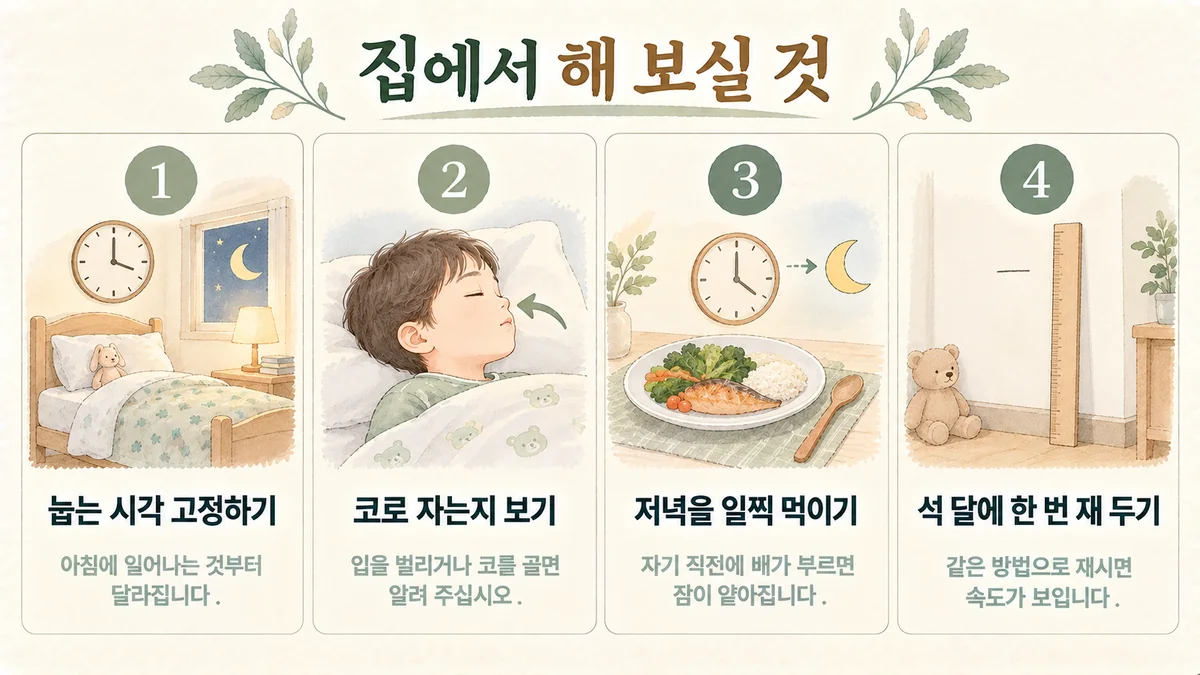배곧한의원 키성장 생활관리 - 눕는 시각 고정·코로 자는지 보기·저녁 일찍 먹이기·석 달에 한 번 재기