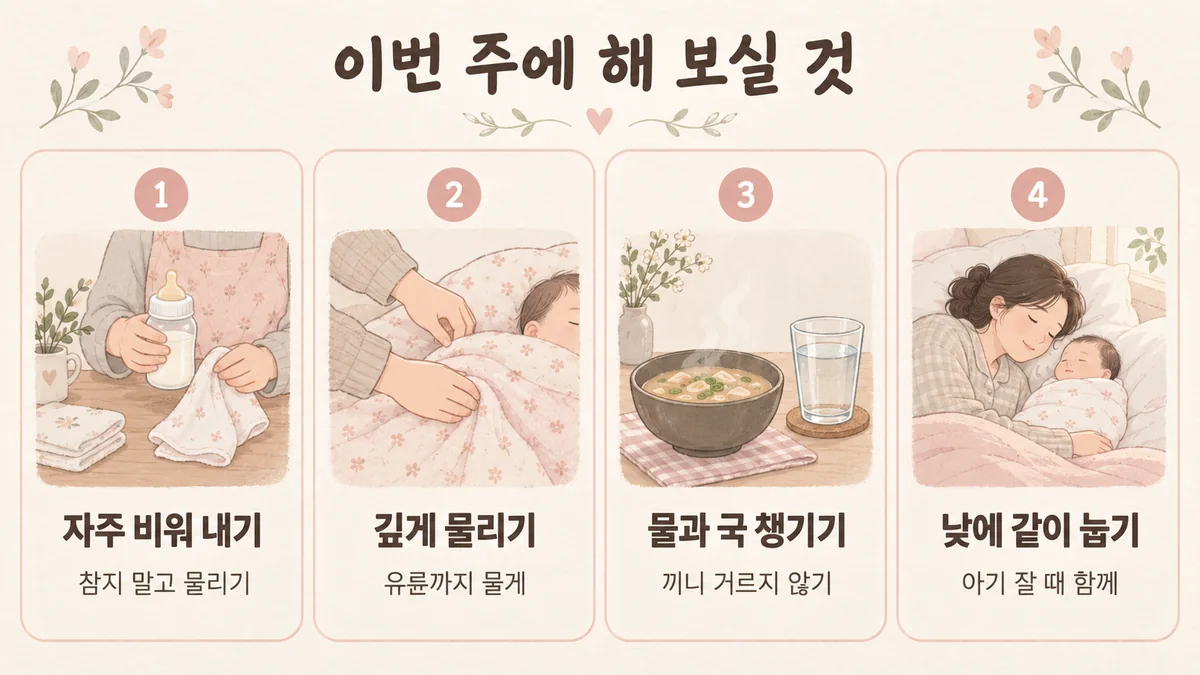 배곧한의원 모유 부족 생활관리 - 자주 비워 내기·깊게 물리기·물과 국 챙기기·낮에 같이 눕기