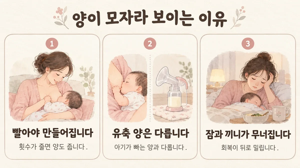 배곧한의원 모유 부족 원인 - 빨아야 만들어집니다·유축 양은 다릅니다·잠과 끼니가 무너집니다