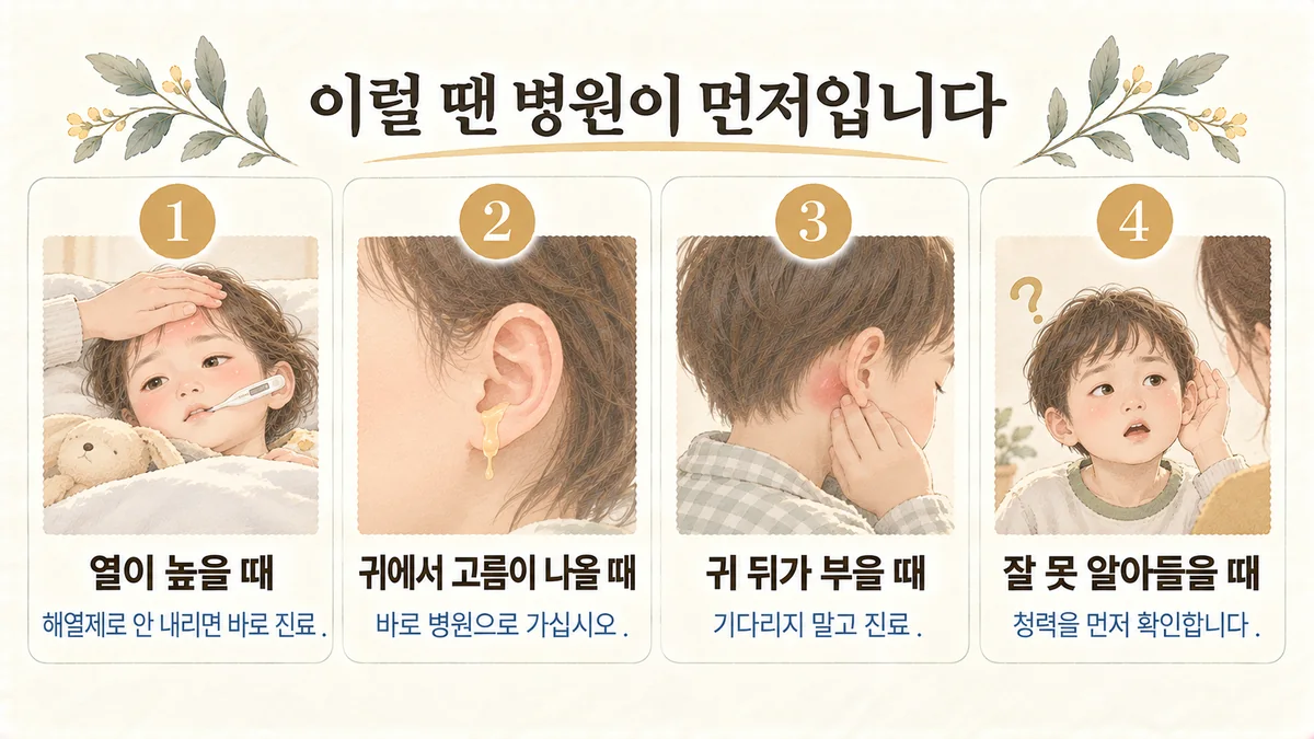 배곧한의원 아이 중이염 자가진단 - 열이 높을 때·귀에서 고름이 나올 때·귀 뒤가 부을 때·잘 못 알아들을 때