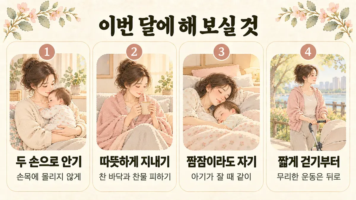 배곧한의원 산후조리 생활관리 - 두 손으로 안기·따뜻하게 지내기·짬잠이라도 자기·짧게 걷기부터