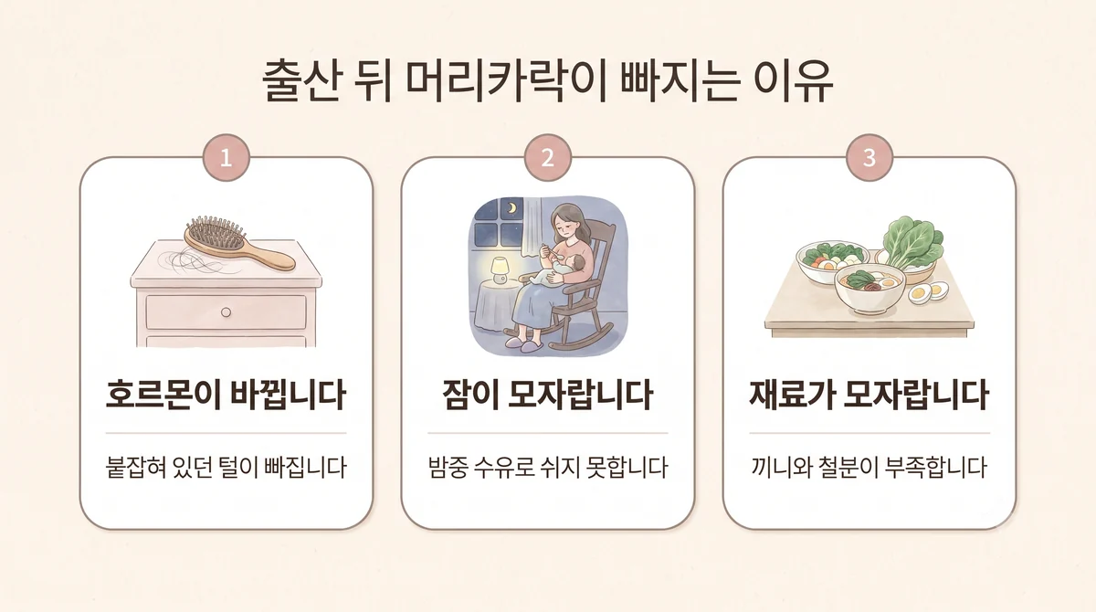 배곧한의원 산후 탈모 원인 - 호르몬이 바뀝니다·잠이 모자랍니다·재료가 모자랍니다