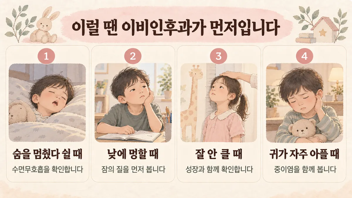 배곧한의원 아이 코골이 자가진단 - 숨을 멈췄다 쉴 때·낮에 멍할 때·잘 안 클 때·귀가 자주 아플 때