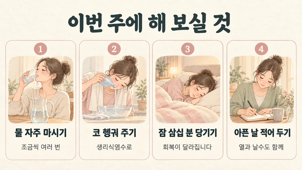 배곧한의원 편도염 생활관리 - 물 자주 마시기·코 헹궈 주기·잠 삼십 분 당기기·아픈 날 적어 두기