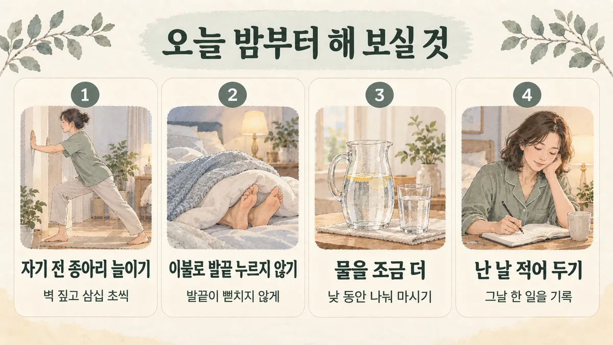 부천한의원 종아리 쥐 생활관리 - 자기 전 종아리 늘이기·이불로 발끝 누르지 않기·물을 조금 더·난 날 적어 두기