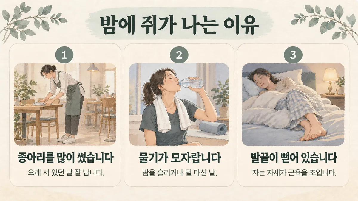부천한의원 종아리 쥐 원인 - 종아리를 많이 썼습니다·물기가 모자랍니다·발끝이 뻗어 있습니다