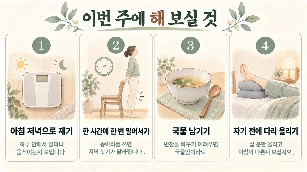 부천다이어트한의원 부종 생활관리 - 아침 저녁 재기·한 시간에 한 번 일어서기·국물 남기기·다리 올리기