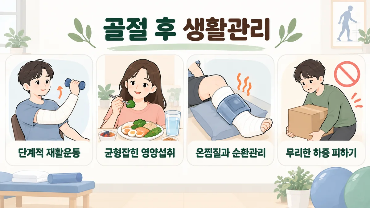 부천한의원 골절 후 회복 생활관리 - 다친 쪽 올려 두기·허락된 만큼 움직이기·따뜻한 물에 담그기·붓는 때 적어 두기