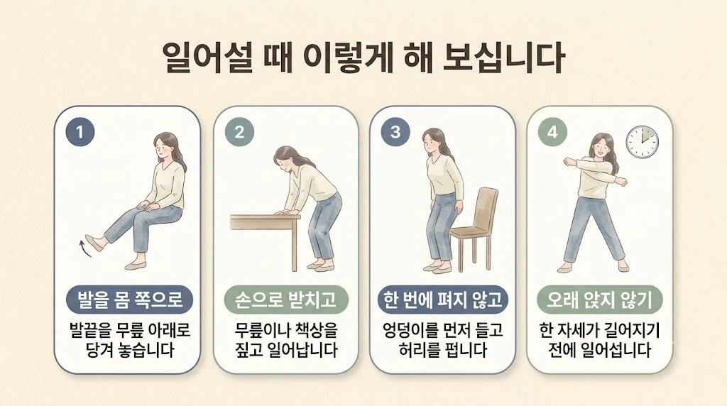 부천한의원 허리디스크 생활관리 - 발 당겨 놓기·손으로 밀기·한 번에 안 펴기·오래 앉지 않기