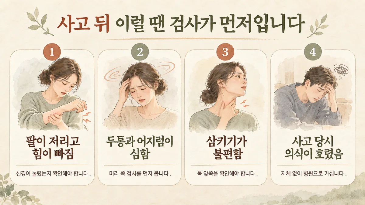 부천 교통사고한의원 자가진단 - 팔 저림·두통·삼킴 불편·의식 저하