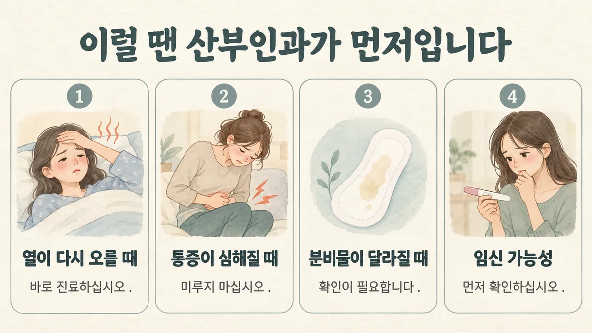 부천한의원 골반염 자가진단 - 열이 다시 오를 때·통증이 심해질 때·분비물이 달라질 때·임신 가능성