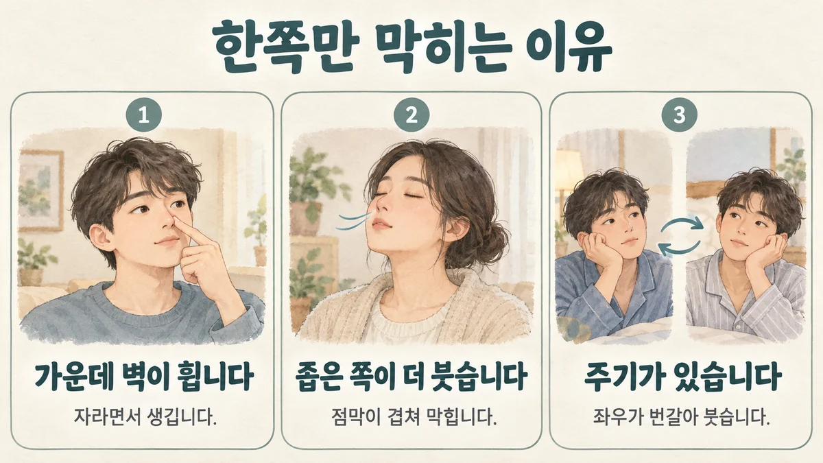 부천한의원 비중격 만곡 원인 - 가운데 벽이 휩니다·좁은 쪽이 더 붓습니다·주기가 있습니다