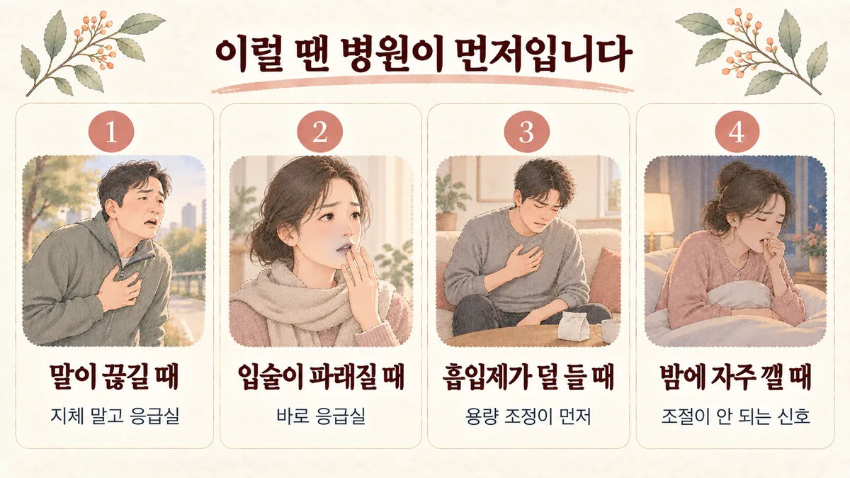 부평한의원 천식 자가진단 - 말이 끊길 때·입술이 파래질 때·흡입제가 덜 들 때·밤에 자주 깰 때