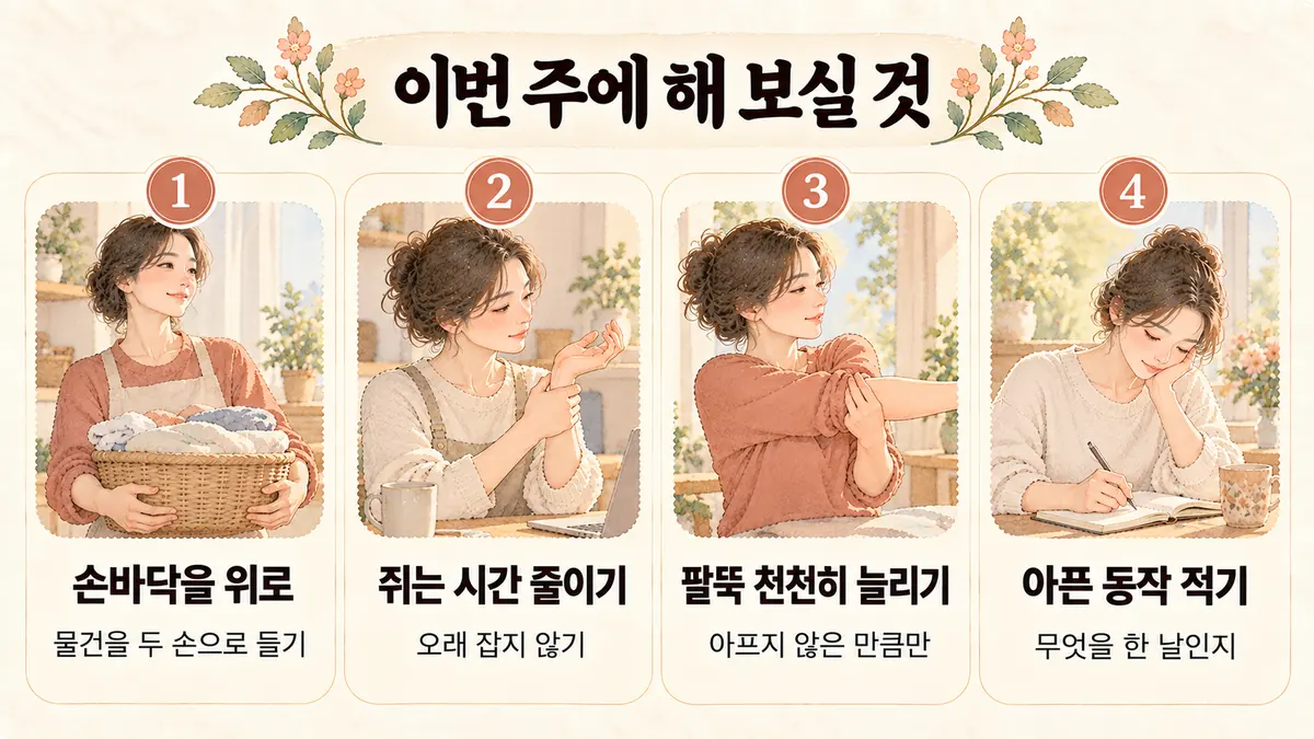 부평한의원 팔꿈치 통증 생활관리 - 손바닥을 위로·쥐는 시간 줄이기·팔뚝 천천히 늘리기·아픈 동작 적기