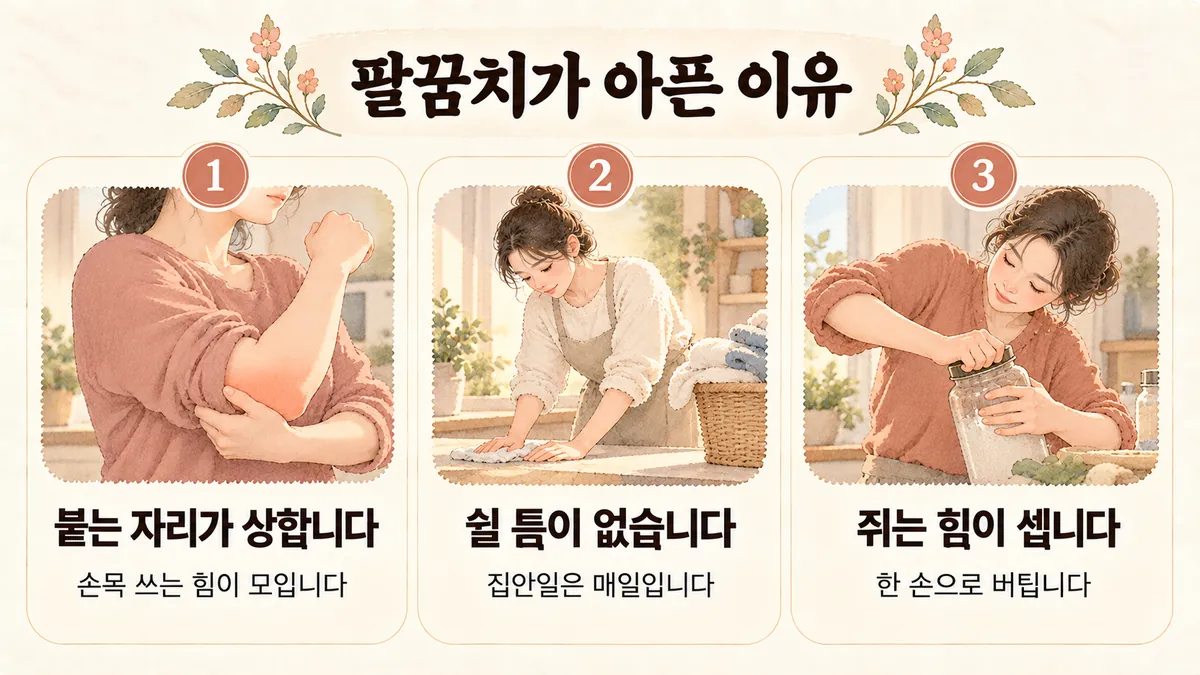 부평한의원 팔꿈치 통증 원인 - 붙는 자리가 상합니다·쉴 틈이 없습니다·쥐는 힘이 셉니다