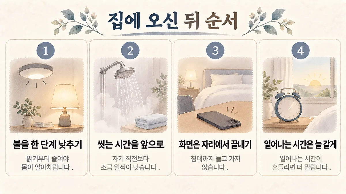 부평한의원 불면 생활관리 - 불 낮추기·씻는 시간 앞으로·화면 자리에서 끝내기·같은 시간 기상