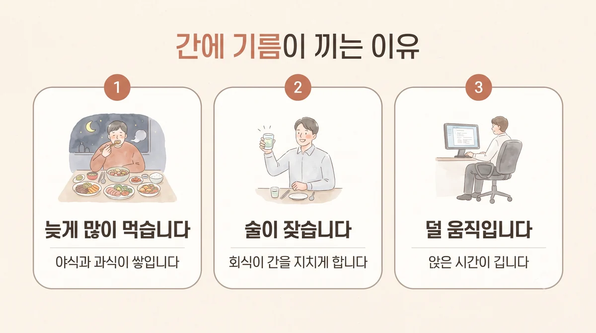 부평한의원 지방간 원인 - 늦게 많이 먹습니다·술이 잦습니다·덜 움직입니다