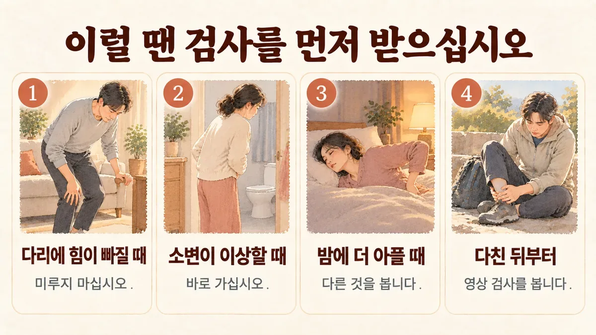 부평한의원 허리 통증 자가진단 - 다리에 힘이 빠질 때·소변이 이상할 때·밤에 더 아플 때·다친 뒤부터